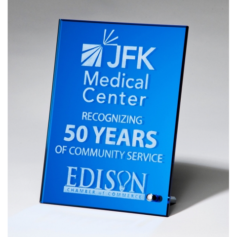 Blue mirror glass recognition award.