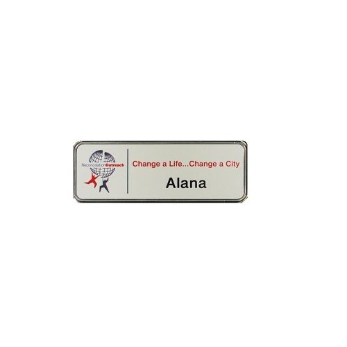 Sublimated white aluminum name badge in silver deluxe frame.