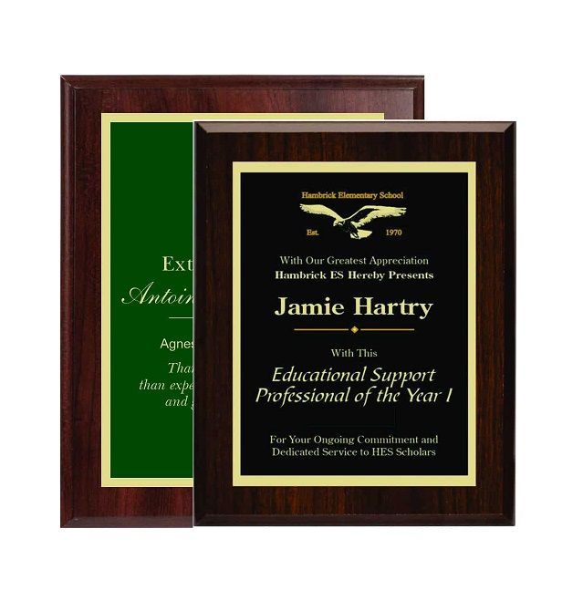 Cherry finish wooden recognition award plaques with gold edges/lettering, green or black background.