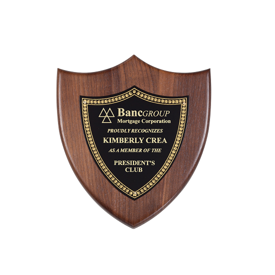 Crusade edge shield wooden recognition plaque with ornate gold accents.
