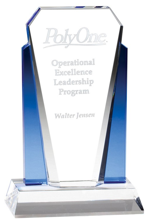 Crystal with blue recognition award.