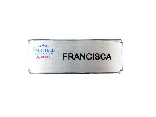 Sublimated brushed aluminum name badge in silver deluxe frame.