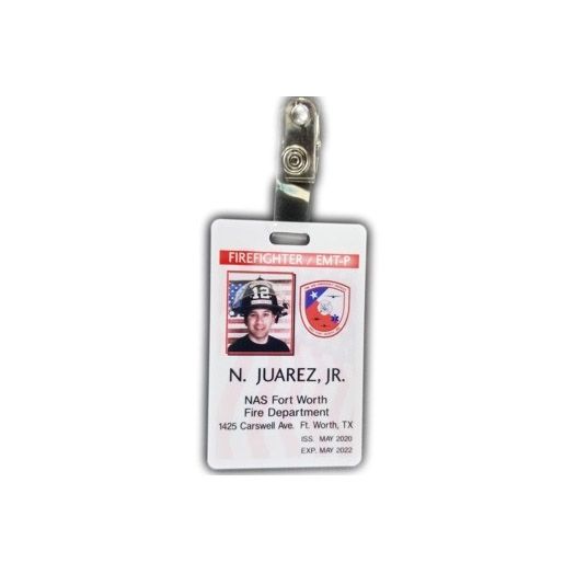 Firefighter photo ID badge with snap together clip.