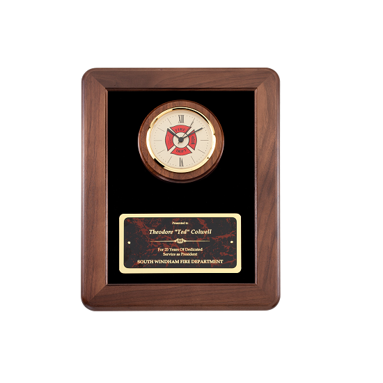 Fire fighter maltese cross clock retirement award plaque.