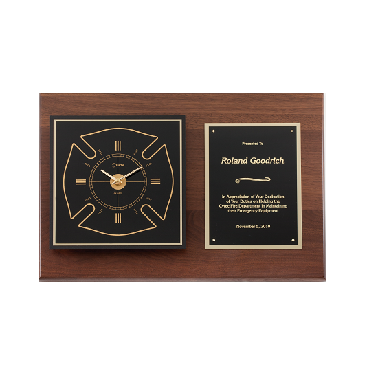 Fire fighter maltese cross clock retirement award plaque.