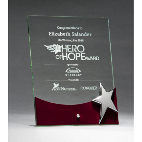 Jade glass recognition award with rosewood accent and star.