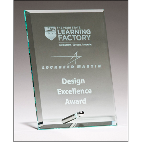 Glass recognition award with beveled edges and easel post.