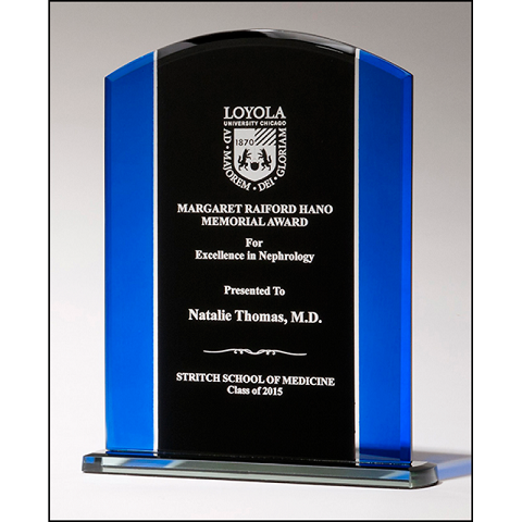 Black and blue glass recognition award.