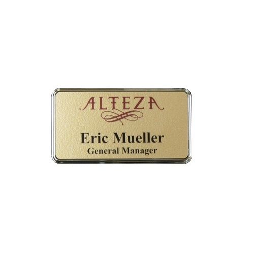 Gold thermal printed plastic name badge, set in gold executive frame.
