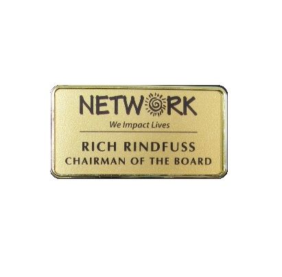 Gold thermal printed plastic name badge, set in gold executive frame.