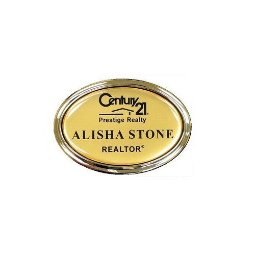 Laser engraved, and protective domed name badge in gold oval frame.