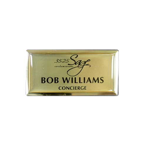 Gold laser engraved and protective domed name badge on large gold premier frame.