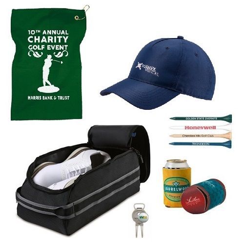 Golf gift bag and branded items.