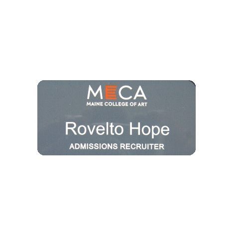 Sublimated white aluminum name badge with corporate logo and name.