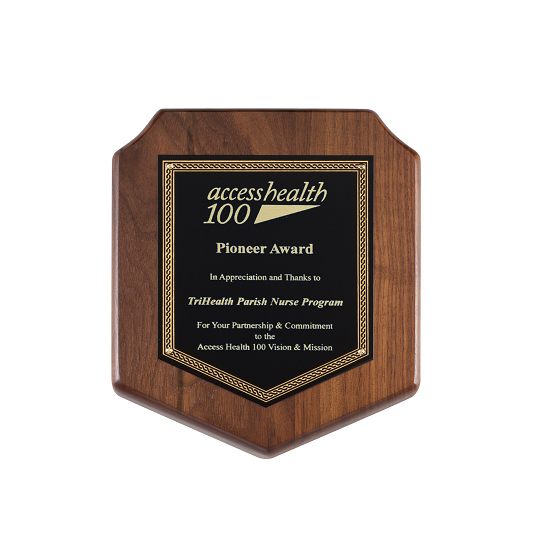 Scalloped honor shield wooden recognition plaque with ornate gold accents.