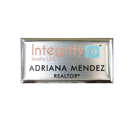 Laser engraved and UV printed name badge with protective dome on large silver premier frame.