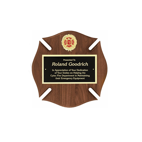 Maltese cross shaped wood retirement plaque.