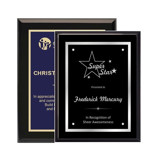 Black wooden recognition award plaques with gold edges/lettering, blue or black background.