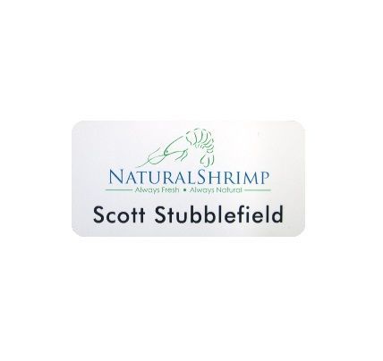 White thermal printed plastic name badge with company logo and name.
