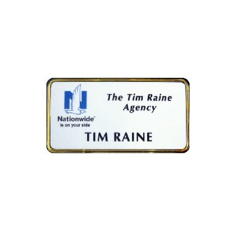 White thermal printed plastic name badge, set in gold executive frame.