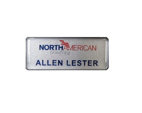 Thermal printed plastic name badge with protective dome.