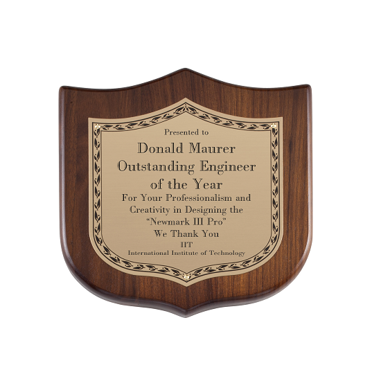 Crusade edge shield wooden recognition plaque gold with black accents.