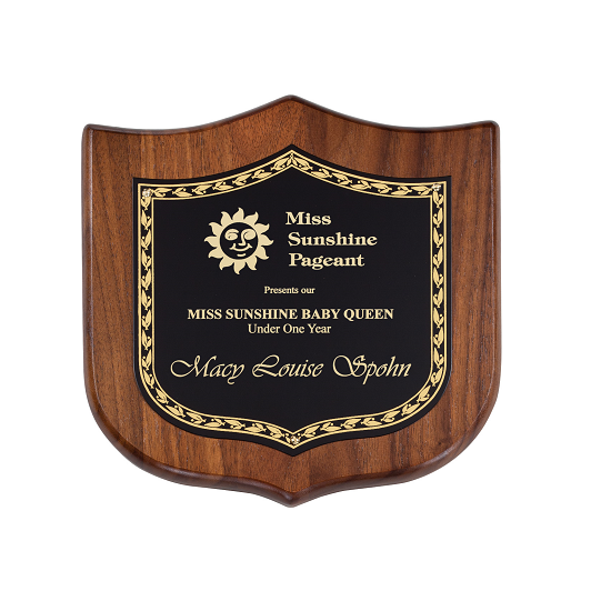Crusade edge shield wooden recognition plaque with gold accents.