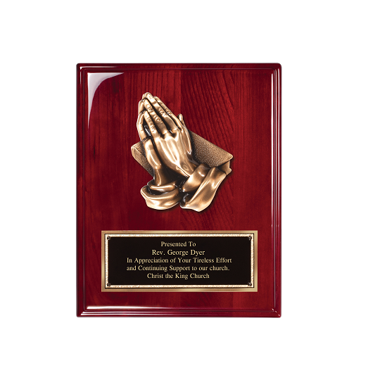 Praying hands on rosewood plaque. Pastor/reverend retirement plaque.