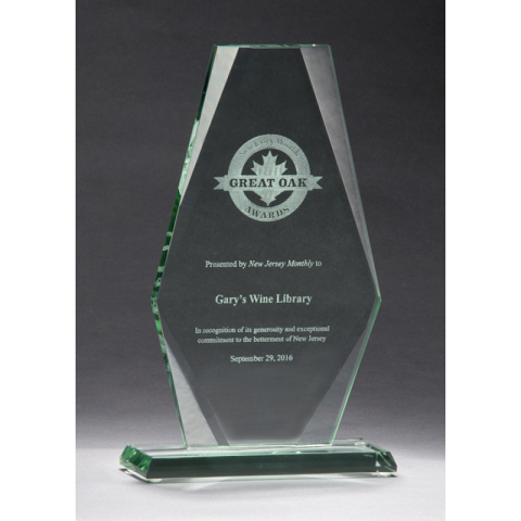 Jade glass recognition award with beveled edge.