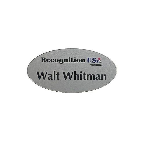 Wide oval cut name tag with company logo.
