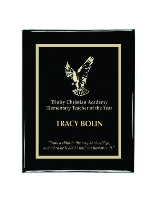 Black piano finish wooden recognition award plaque with gold edges/lettering.