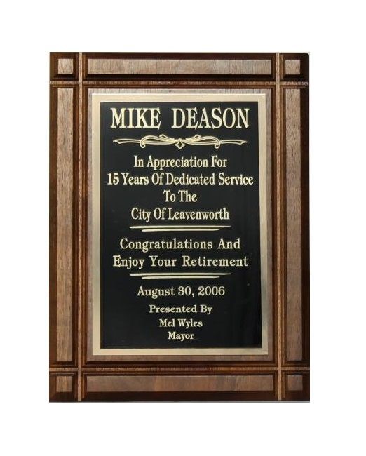 Wooden recognition award plaque with gold edges/lettering.