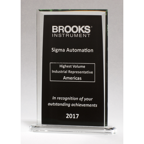 Rectangle shaped recognition award with black background.