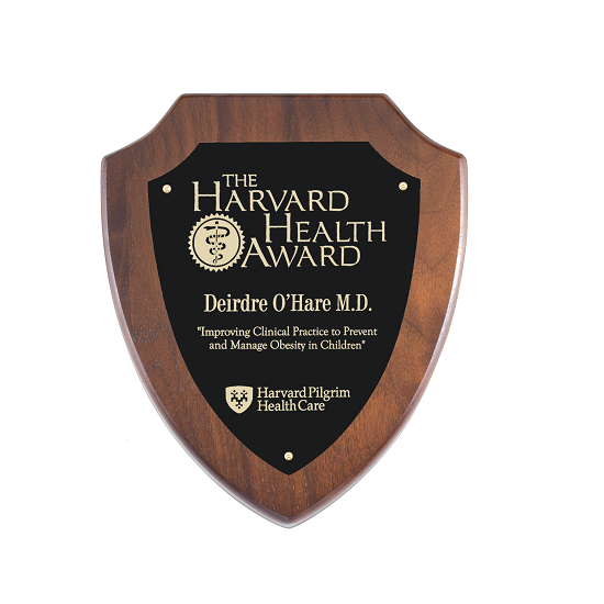 Scalloped corner shield wooden recognition plaque.