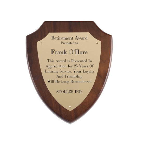 Scalloped corner shield wooden recognition plaque with gold plate.