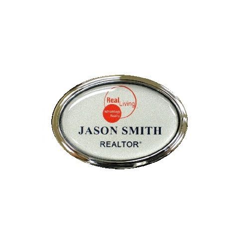 Thermal printed, and protective domed name badge in gold oval frame.