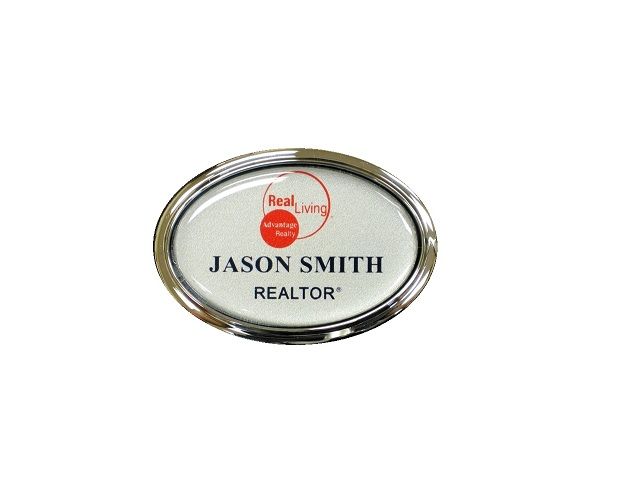 Domed thermal printed name badge in silver oval frame.