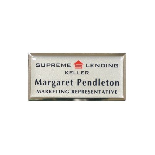 Silver thermal printed and protective domed name badge on large silver premier frame.
