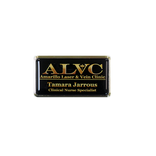 Sublimated gold aluminum name badge with protective dome in gold executive frame.