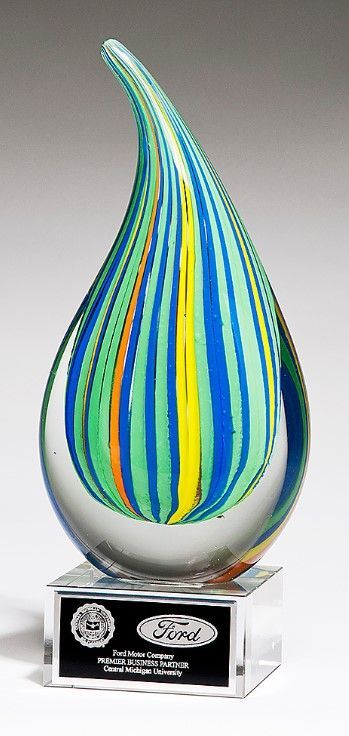 Droplet shape art glass recognition award.