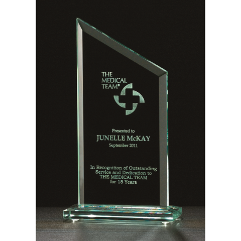 Jade glass recognition award with angled top and beveled edges.