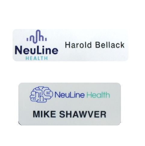 White thermal printed plastic name badge with company logo and name.