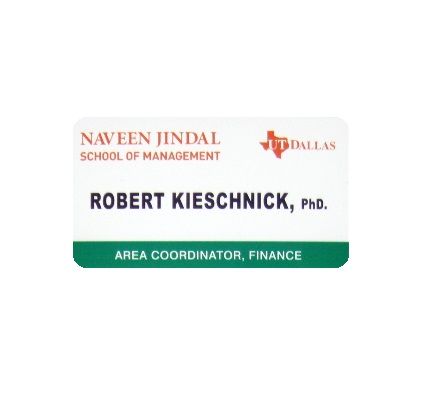 White thermal printed plastic name badge with company logo and name.