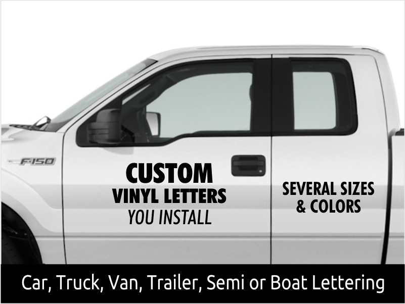 Vinyl lettering on vehicle exterior.
