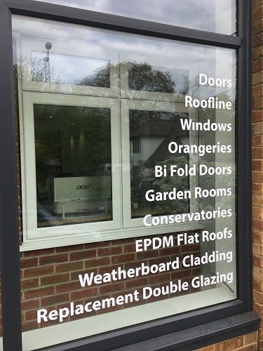 Products and services offering exterior window sign.