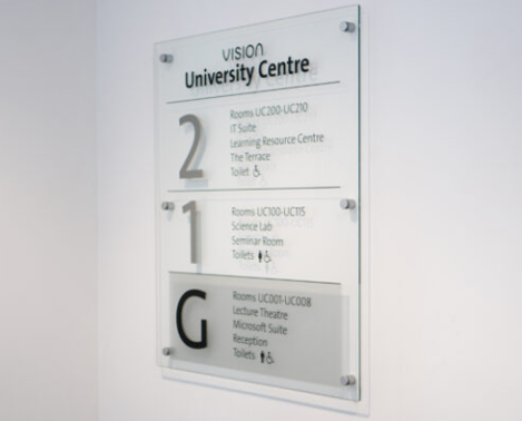 Vinyl lettering on interior glass signage.