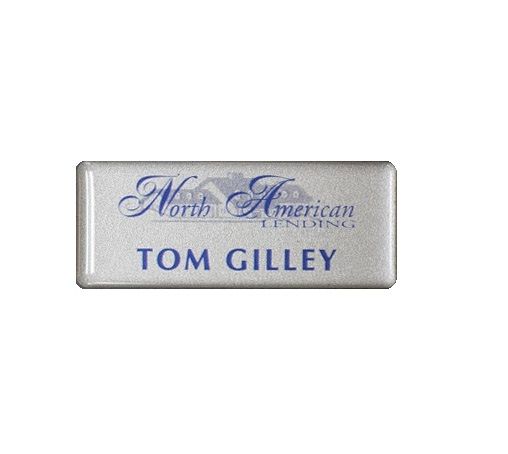 Thermal printed plastic name badge with protective dome.