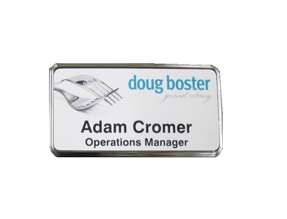 Sublimated white aluminum name badge in silver executive frame.