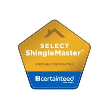 A gold, pentagon-shaped CertainTeed SELECT ShingleMaster roofing contractor badge on a blue background.