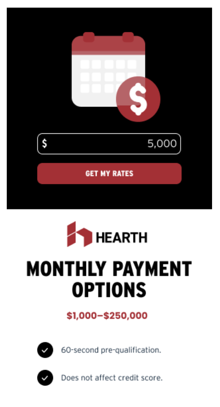 A screenshot of a website that says hearth monthly payment options
